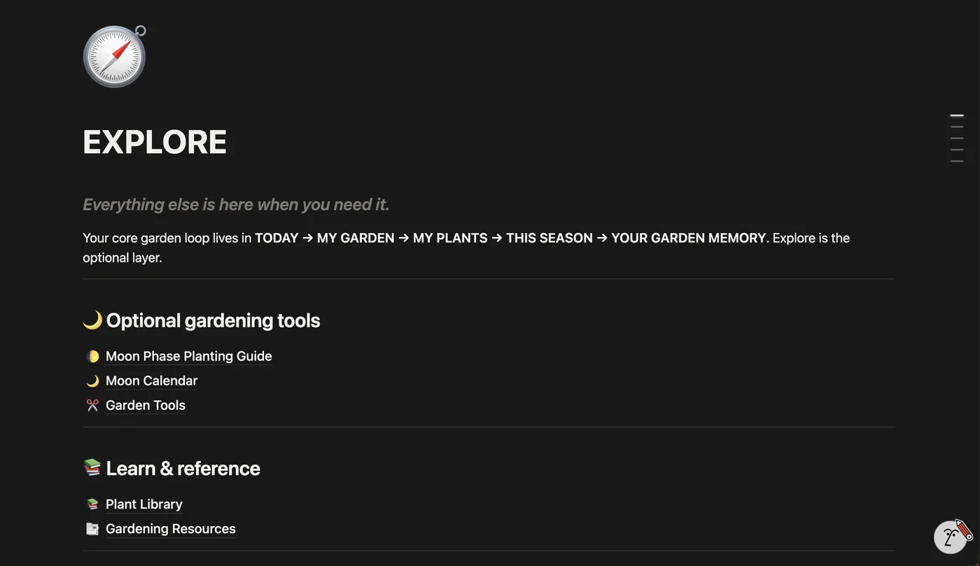 GardenHQ real product screenshot: Explore page with moon phase guide, garden tools and plant library