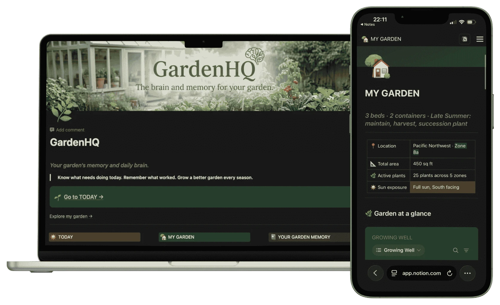 GardenHQ home system, with Today, Plant Registry, This Season, and Memory