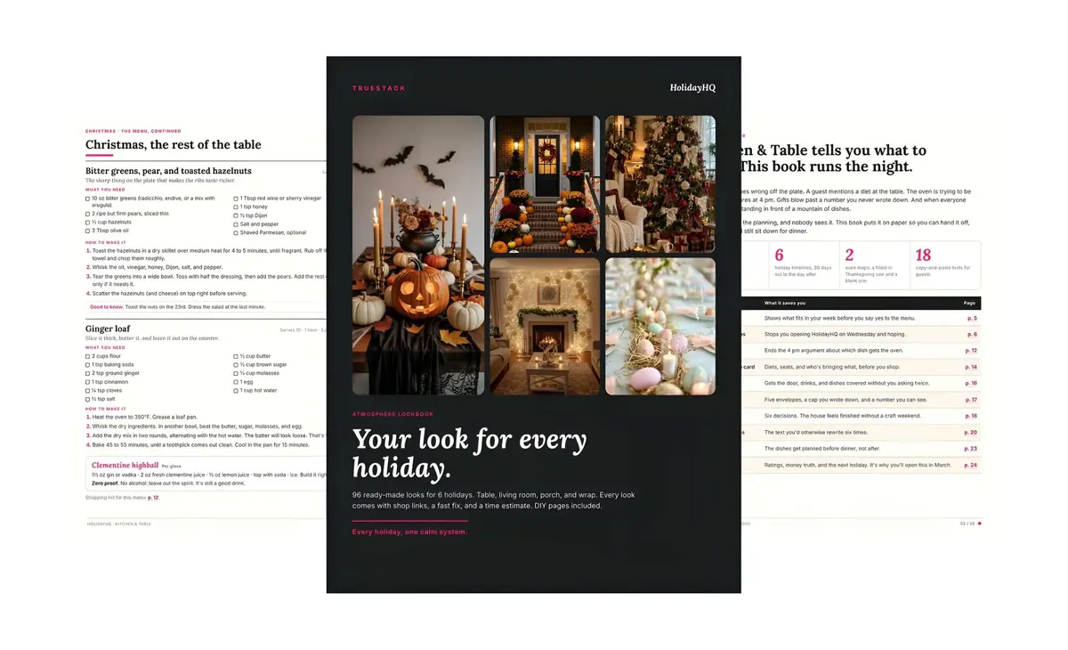 Pages from the three included digital books: Recipes and Menus, the Decor Book cover, and the Host Book contents page.