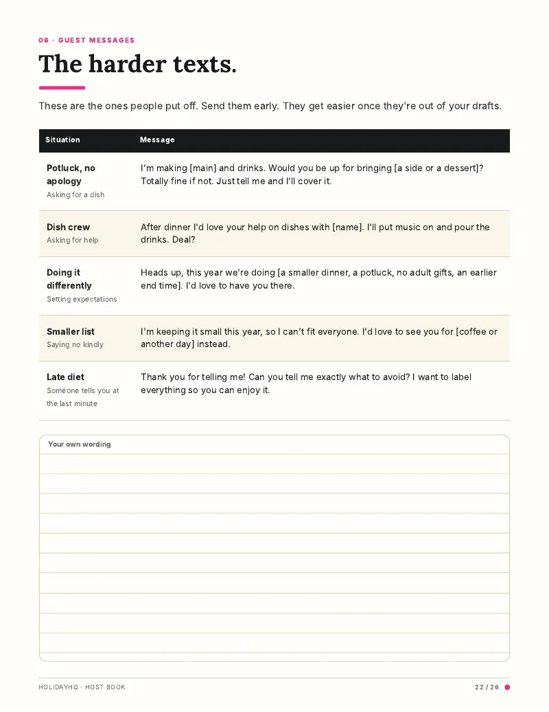 Host Book page of harder guest texts, such as asking for help with a potluck dish.