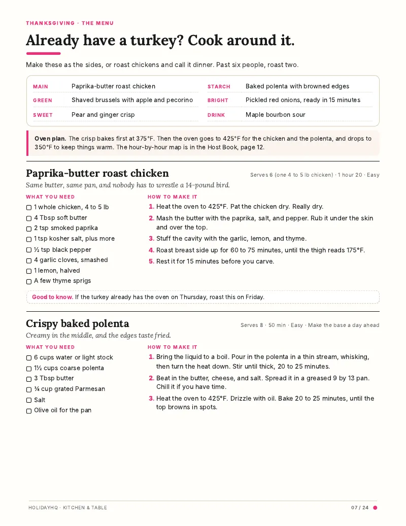 Recipes and Menus page: a Thanksgiving menu with an oven plan and recipes.
