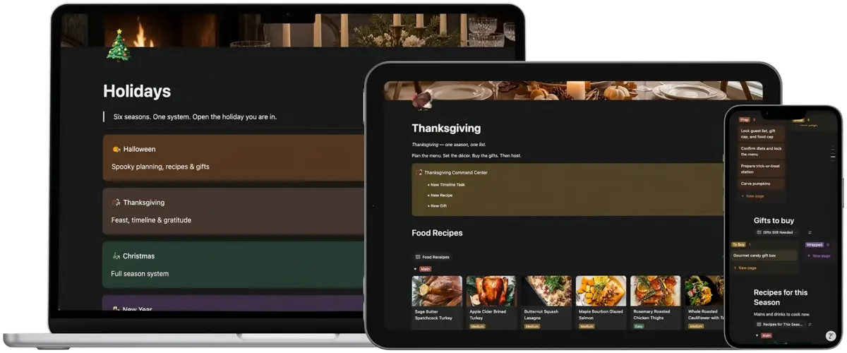The HolidayHQ companion on a laptop, tablet and phone: the Holidays page with Halloween, Thanksgiving and Christmas, a Thanksgiving page with recipes, and the phone view with gifts to buy.