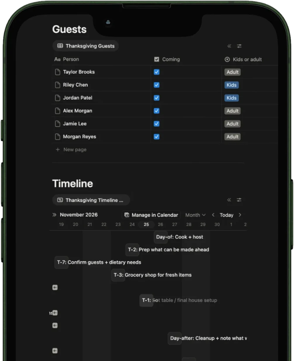 The HolidayHQ Thanksgiving guest list and timeline on a phone: a guest list with who is coming, and a timeline from seven days before to the day after.