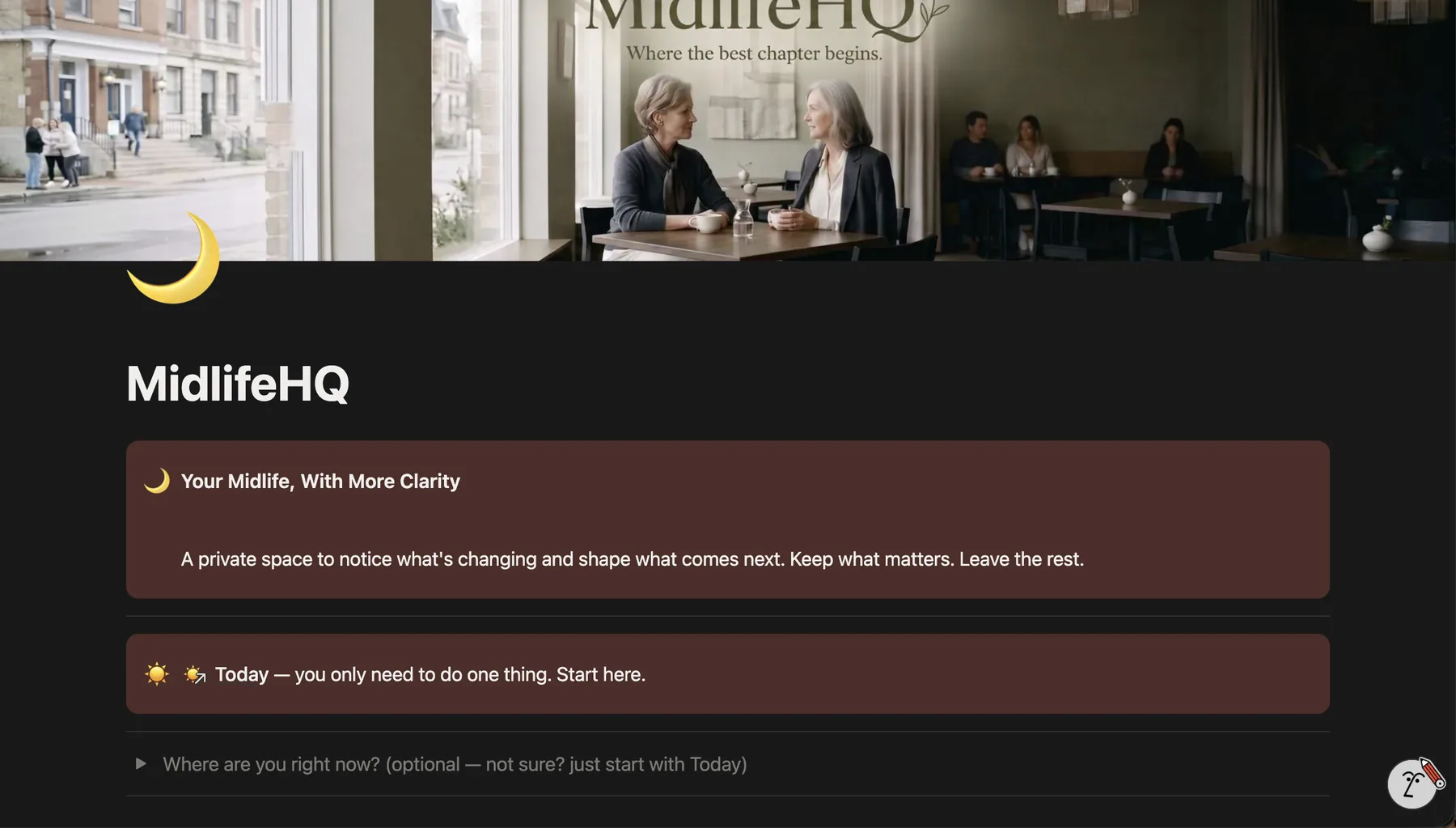 MidlifeHQ real product screenshot: the hub page
