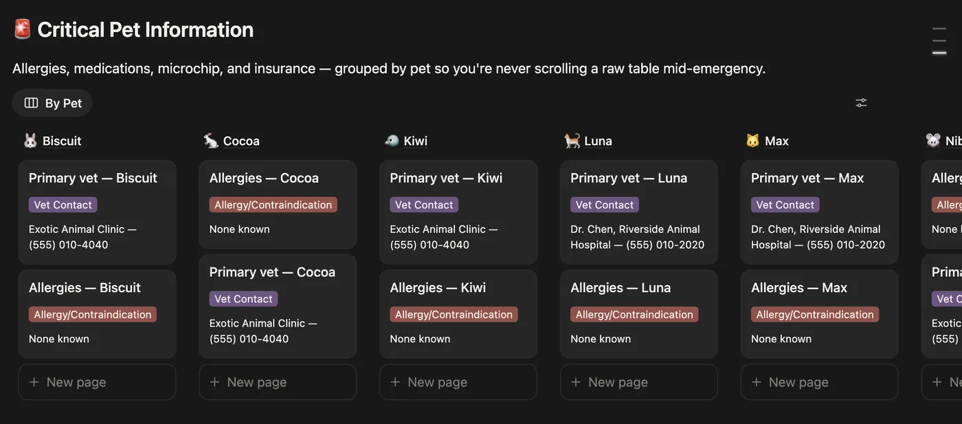 Critical Pet Information page with vet contacts and allergies by pet