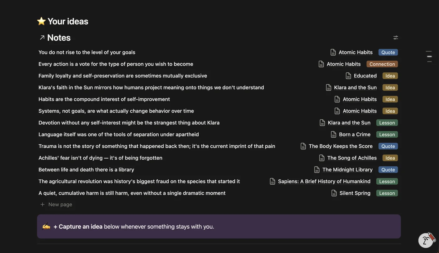 ReadHQ real product screenshot: captured ideas and quotes