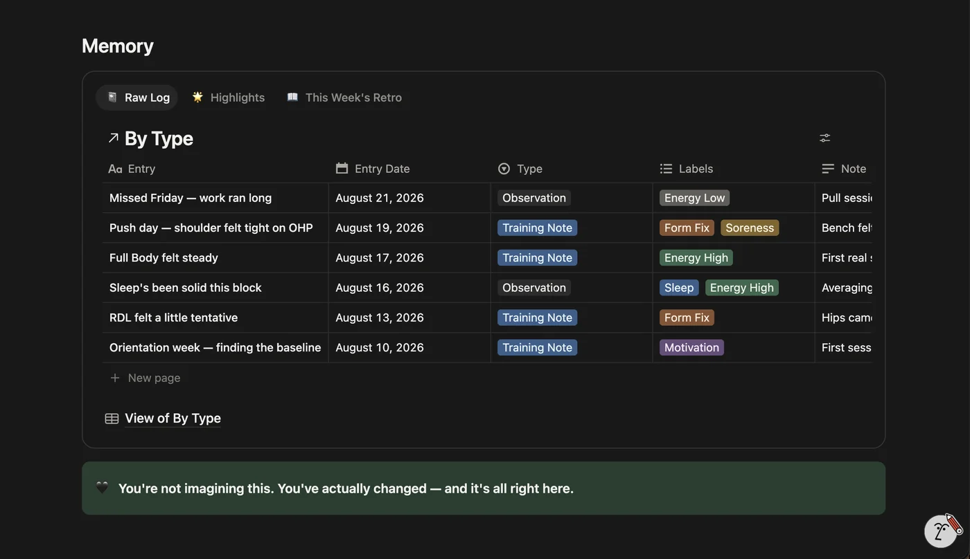 WorkoutHQ real product screenshot: Memory raw log by type