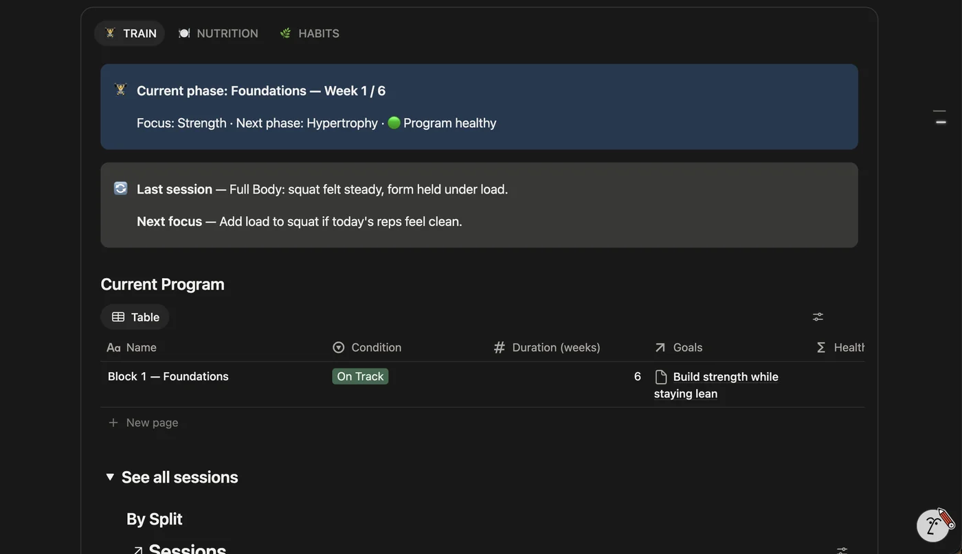 WorkoutHQ real product screenshot: current training block and program